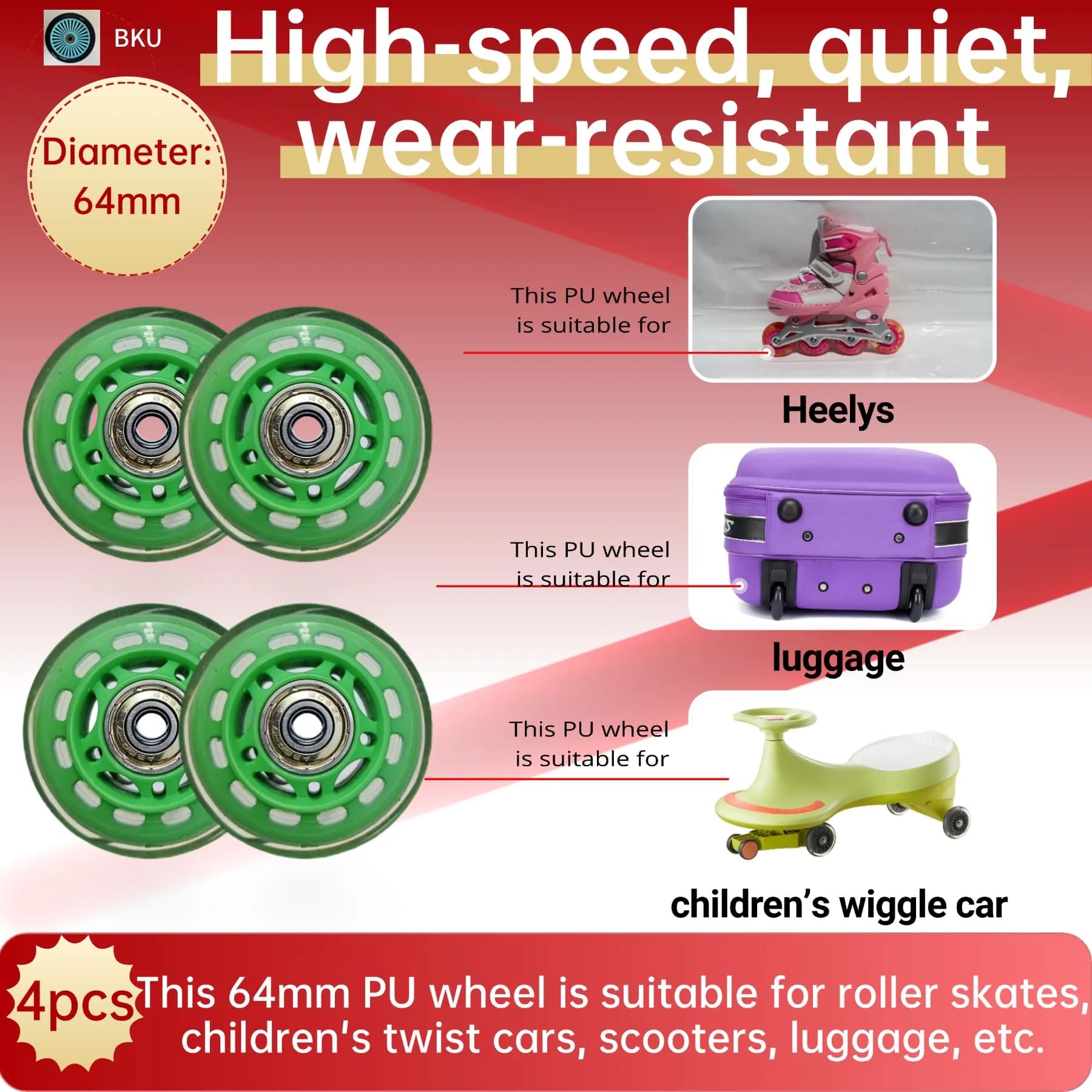 Confezione da 4 ruote sostitutive per pattini a rotelle in PU da 64 mm, adatte per pattini da ghiaccio, scooter, bagagli, skateboard, passeggini.