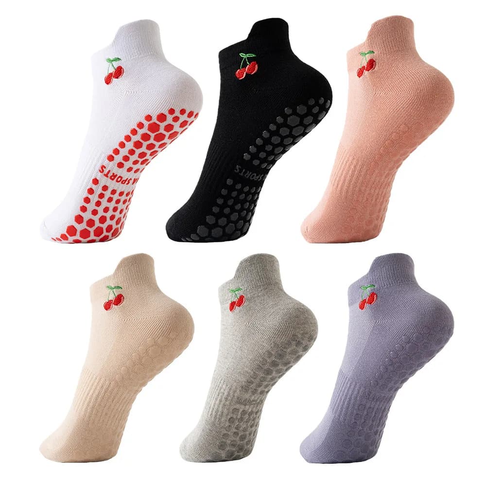 New Cotton Pilates Socks Breathable Harajuku Street Cherry Embroidery Socks Non-Slip Sweat-absorbent Yoga Socks
