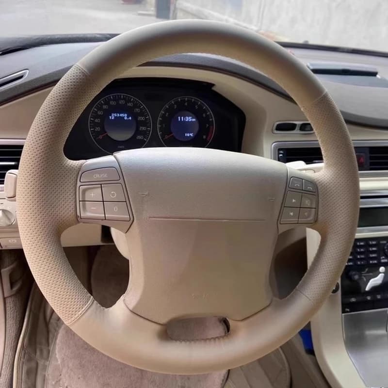Per Volvo S80 2006-2009 XC70 2007-2010 V70 2009 Coprivolante per auto antiscivolo in vera pelle beige cucito a mano