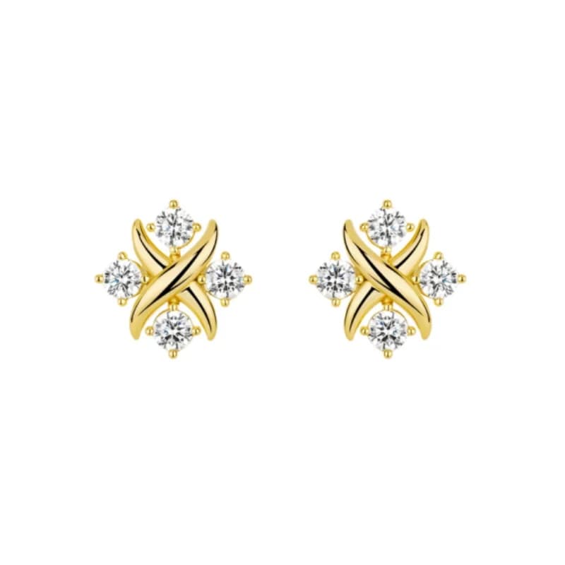 CAMEO Orecchini in argento 925 con zirconi sintetici Orecchini a bottone piccoli alla moda e versatili a forma di X con diamanti bianchi in oro