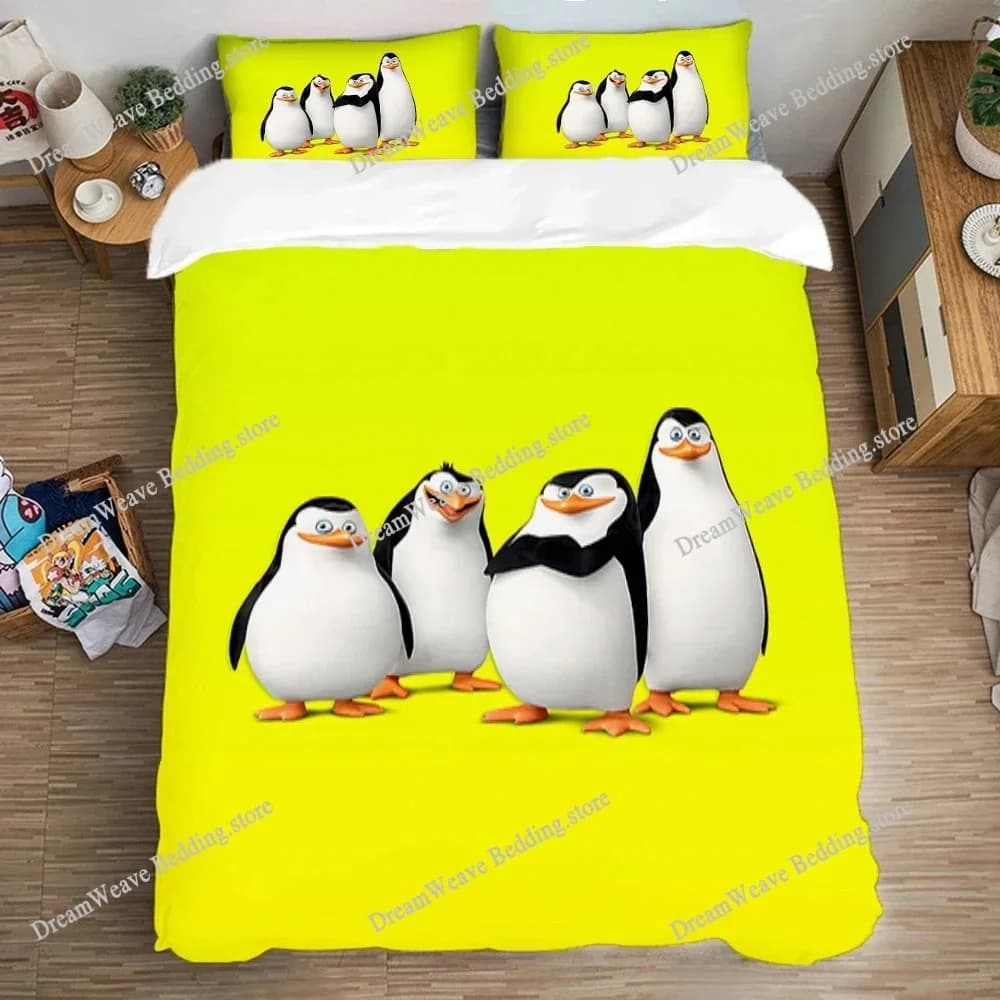 Cartoon Madagascar Penguin Bedding Set Boys Girls Twin Queen Size Duvet Cover Pillowcase Bed Kids Adult Home Textileextile963