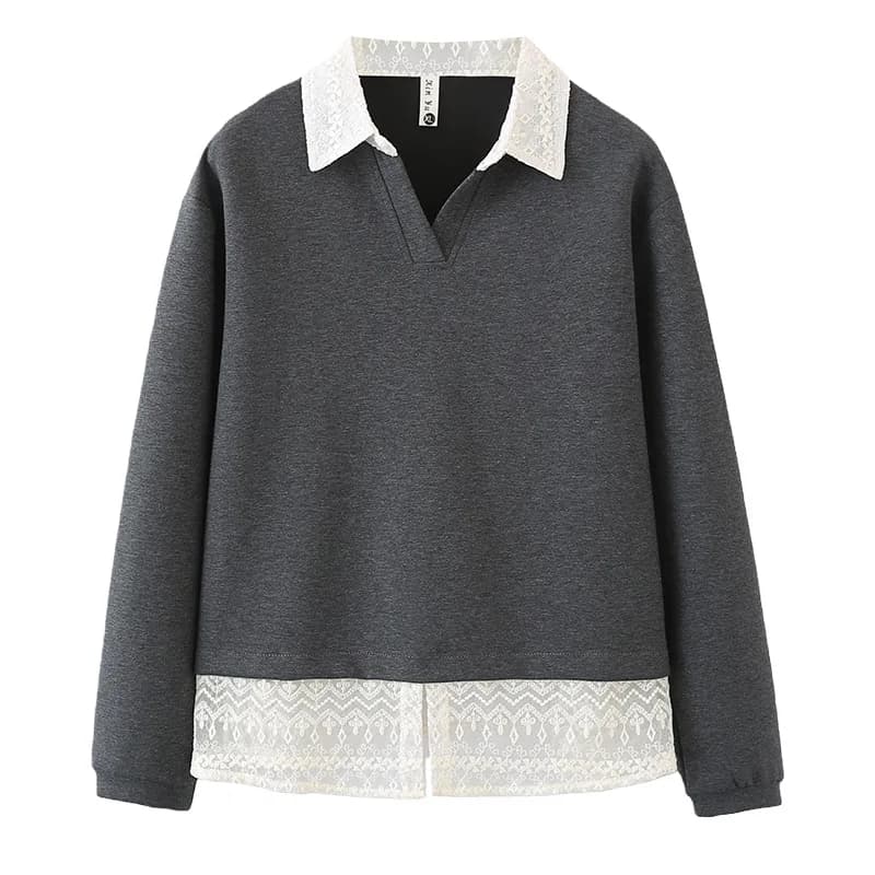 Felpa Casual da Donna Taglie Forti XXL con Colletto in Pizzo e Patchwork, Collezione Primavera 2026 - Modello 2601