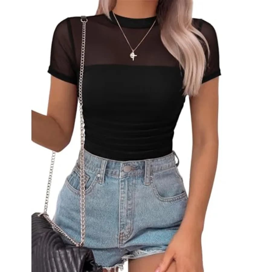 SAUNGKUAI Body da donna in rete a maniche corte, scollo a lupetto, arricciato, trasparente, top da discoteca, outfit estivi