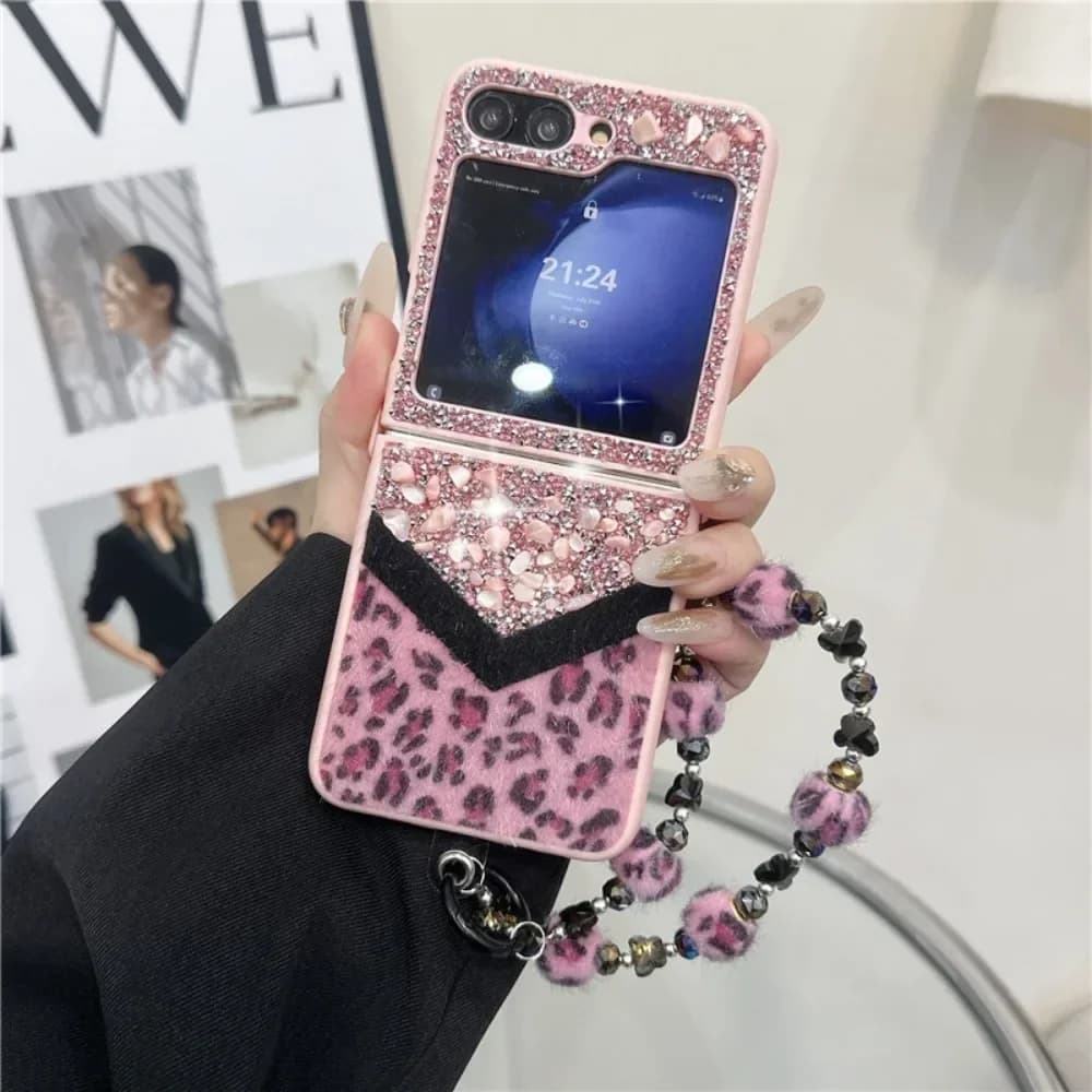 Custodia con stampa leopardata glitterata con braccialetto scintillante di lusso con cinturino da polso per Samsung Galaxy Z Flip 6 5 4 3 Cover antiurto