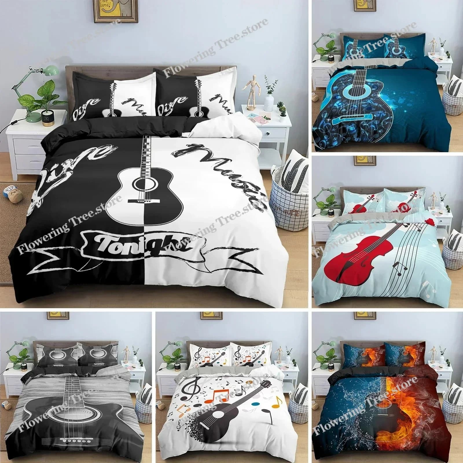 Music Guitar Bedding Set King Queen Heavy Metal Punk Rock Duvet Cover for Teen Boy Musical Note Polyester Comforter Cover029