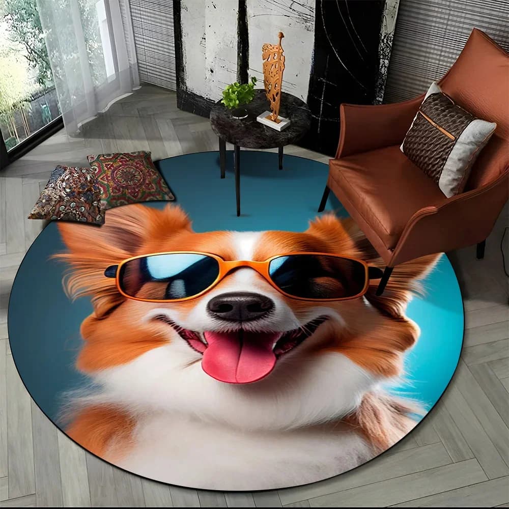 Nice dog Samoye, Chihuahua, Koki Pomerania Cartoon Round carpet for living room Bedroom furniture, Baby pets allowed Anti-slip Mat