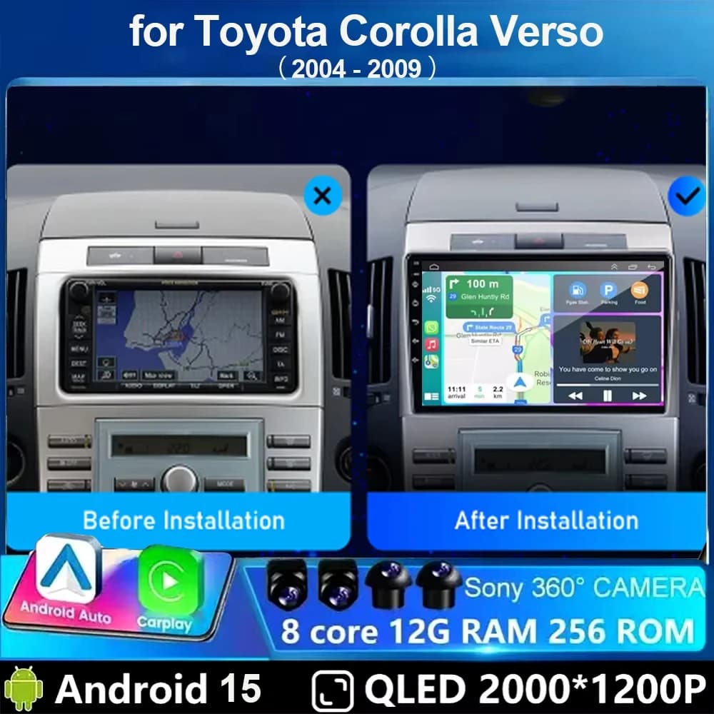 Autoradio Android 15 da 9 pollici per Toyota Corolla Verso AR10 2004-2009, Lettore Multimediale 2Din con Carplay, Video, Stereo, Headunit, Audio, Wifi