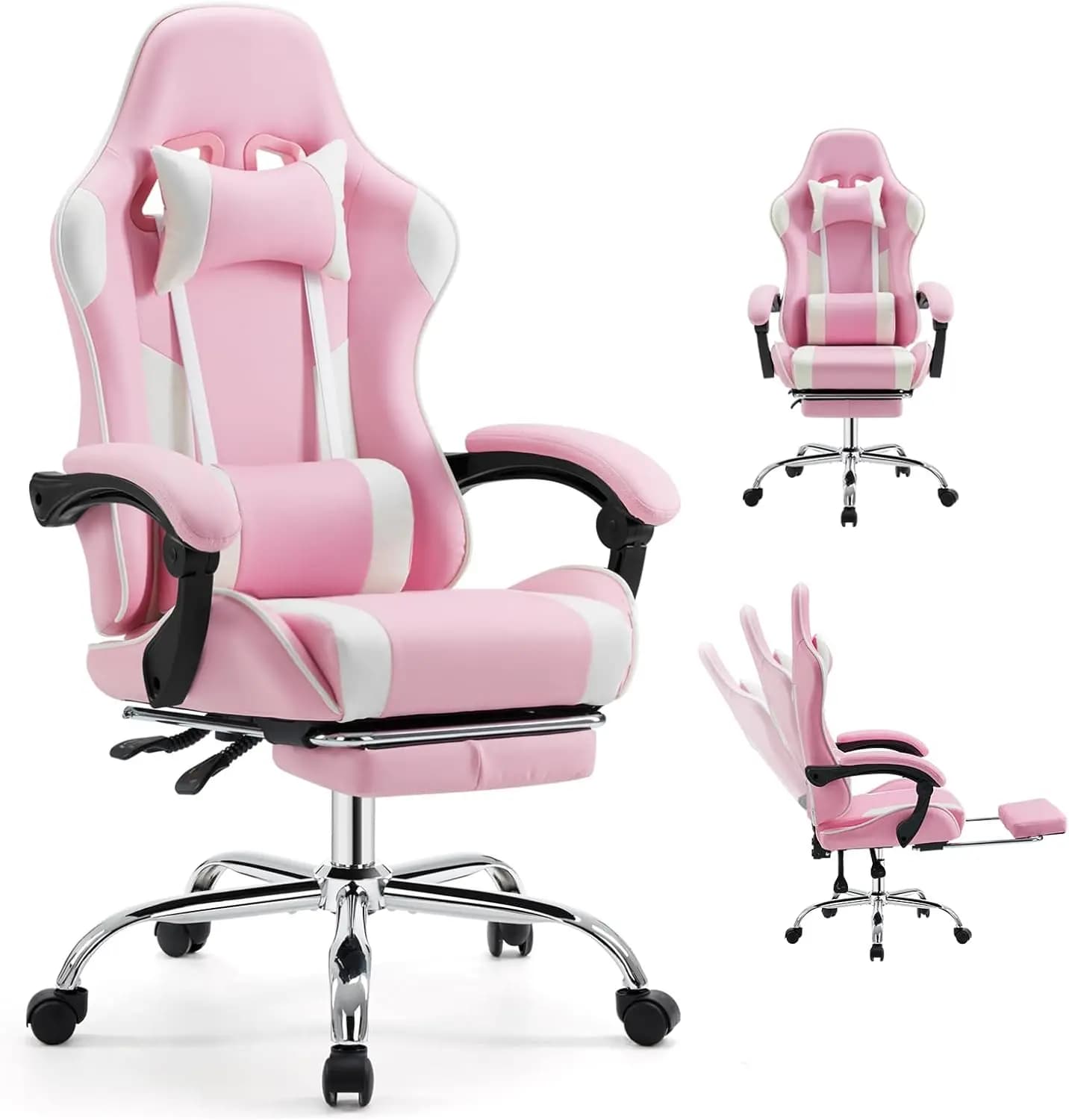 Ergonomic Gaming Office Desk Chair with Footrest and Headrest for Adults, PU Leather Video Computer Chair with Linkage Armrests,