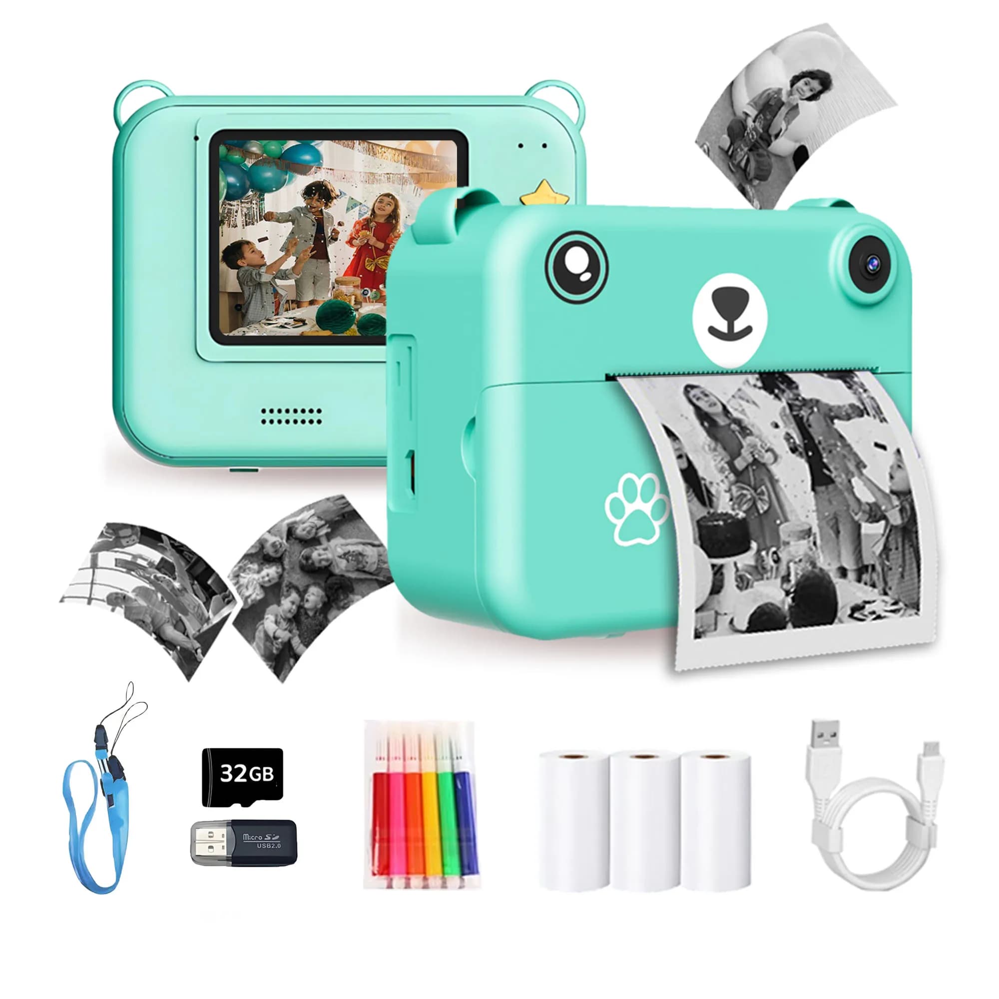 Fotocamera per bambini Piccola fotocamera portatile con stampa istantanea per bambini con scheda di memoria 32G, carta da stampa a 3 rotoli, regalo per ragazzi e ragazze