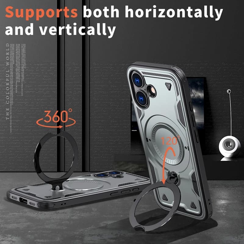 Case For iPhone 18 17 Max Military Drop-proof Hard PC+TPU 360° Adjustable Ring Back Stand Cover for iPhone17