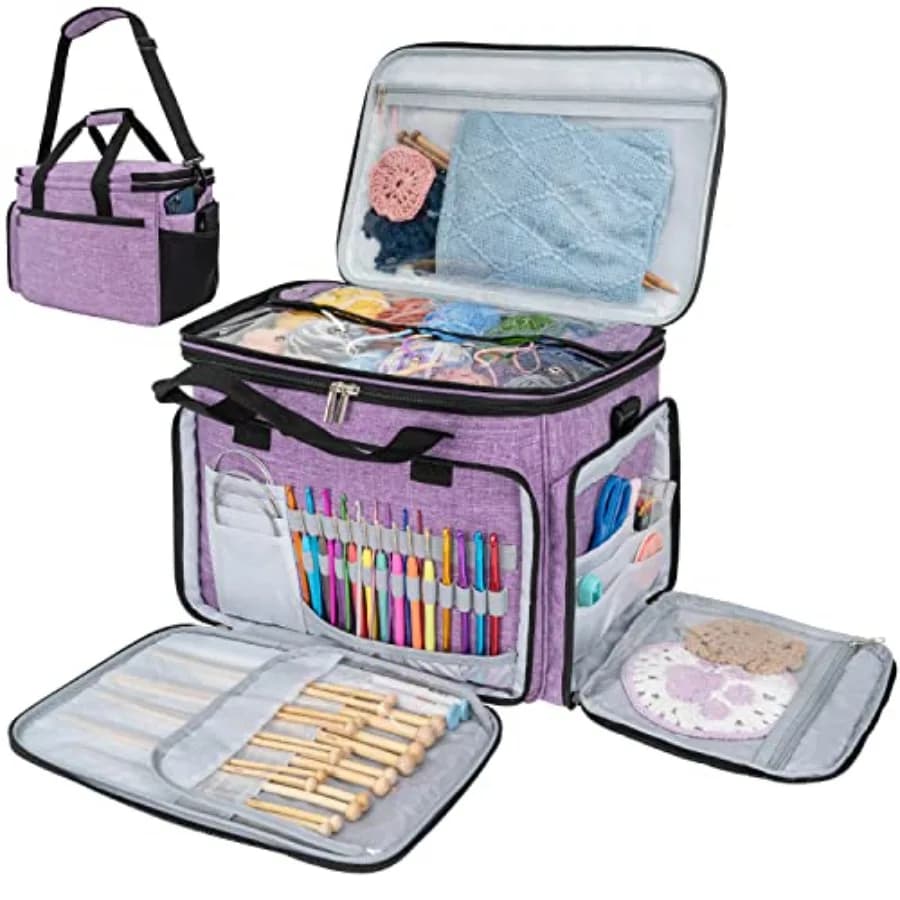 Borsa Grande per Lavori a Maglia, Organizer per Uncinetto e Maglieria, Viola Heather, con Tasche Portaoggetti, Borsa Porta Progetti