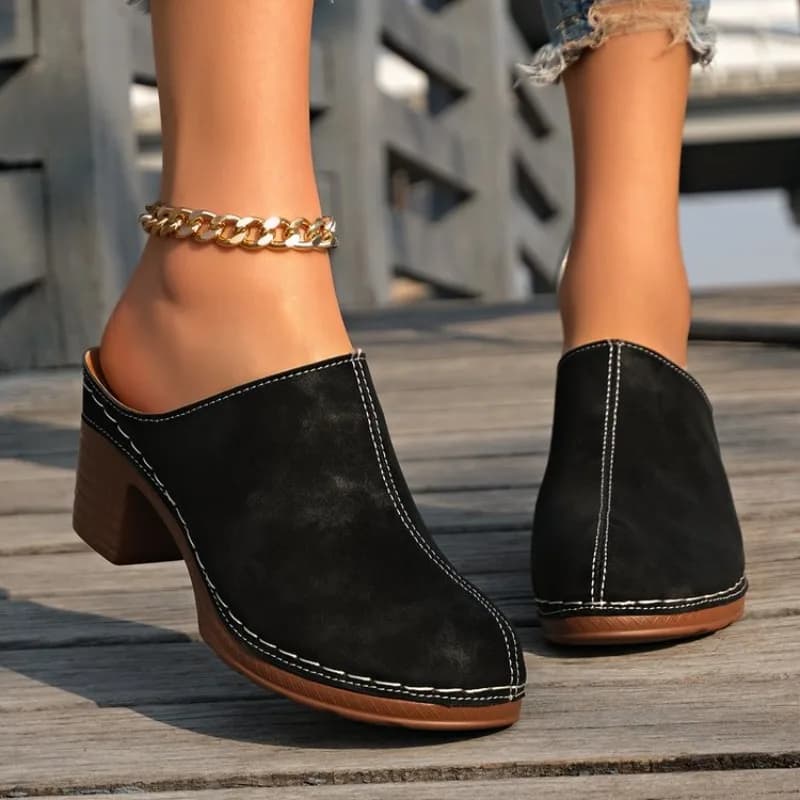 Women's Vintage Suede Chunky Heel Mules, Closed Toe Slip on Clogs, Casual Comfortable Backless Slides for Office Daily Wear