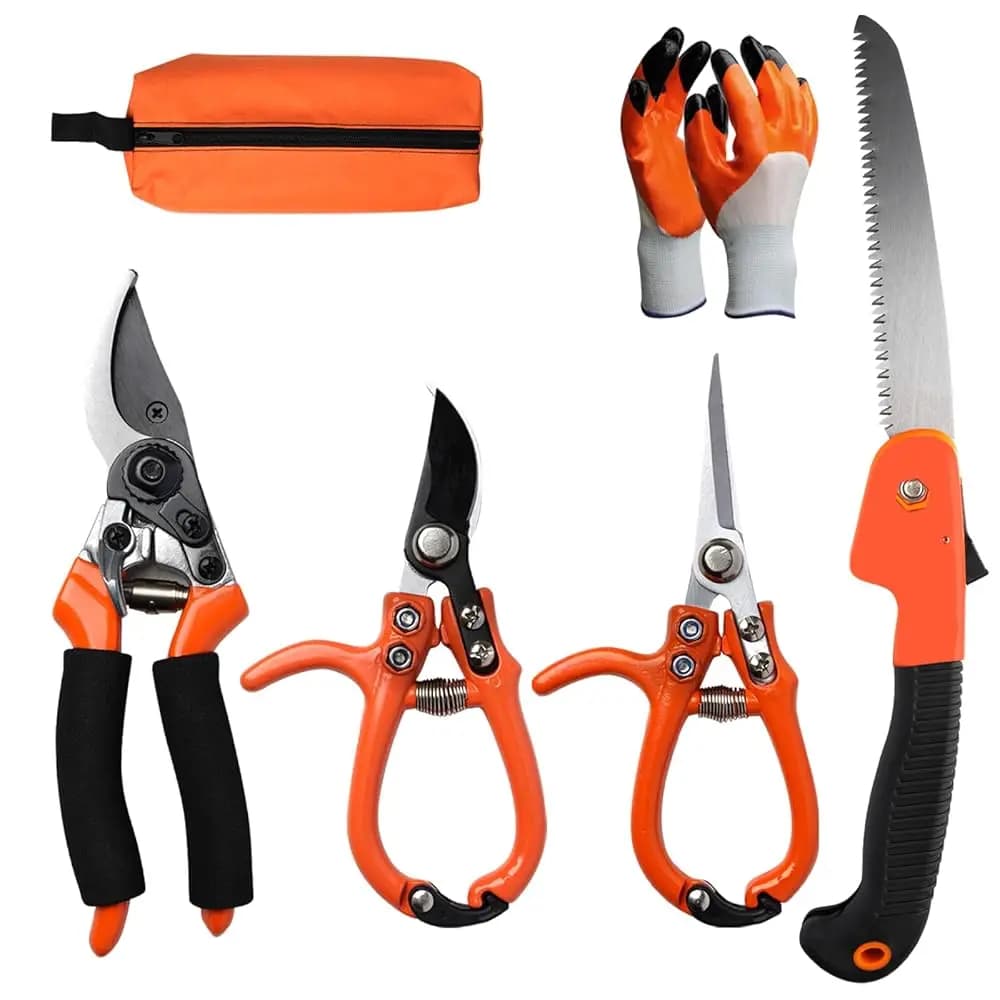 Set di 6 Forbici da Potatura con Forbici Bypass, Forbici da Giardino, Cesoie, Sega, Guanti, Borsa Portaoggetti, Forbici da Giardino Portatili