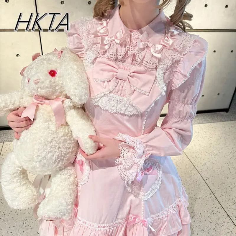 Lolita Versatile Fiocco Colletto per bambola Blusas Ragazze Camicia lunga con maniche a radice di loto Donna Primavera Dolce e carino Top in pizzo rosa Camicetta per ragazze