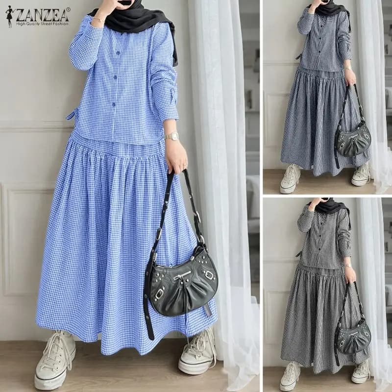 ZANZEA Muslim 2 Piece Sets Hijab Outfits 2026 Summer Women Long Sleeve Shirt Dress Sets Casual Striped Work Skirt Suit Ramadan