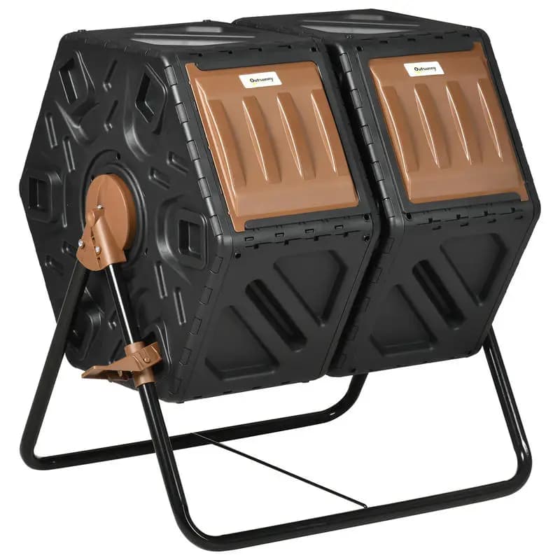 Rotating Composter, Dual Chamber Compost Bin with 24 Vents and Steel Legs, 34.5 Gallon, Brown