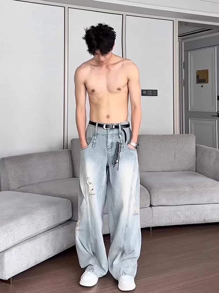 Jeans da uomo Cleanfit a gamba larga, stile estivo High Street, lavaggio effetto invecchiato, con inserti, vita media-alta, taglio dritto