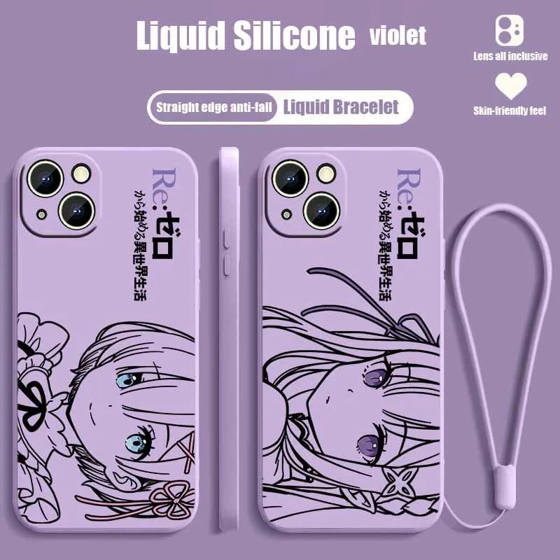 Cover Rem Emilia con immagini carine per Apple iPhone 17 16E 16 15 14 13 12 mini Pro Max Plus, custodia protettiva liquida con cordino