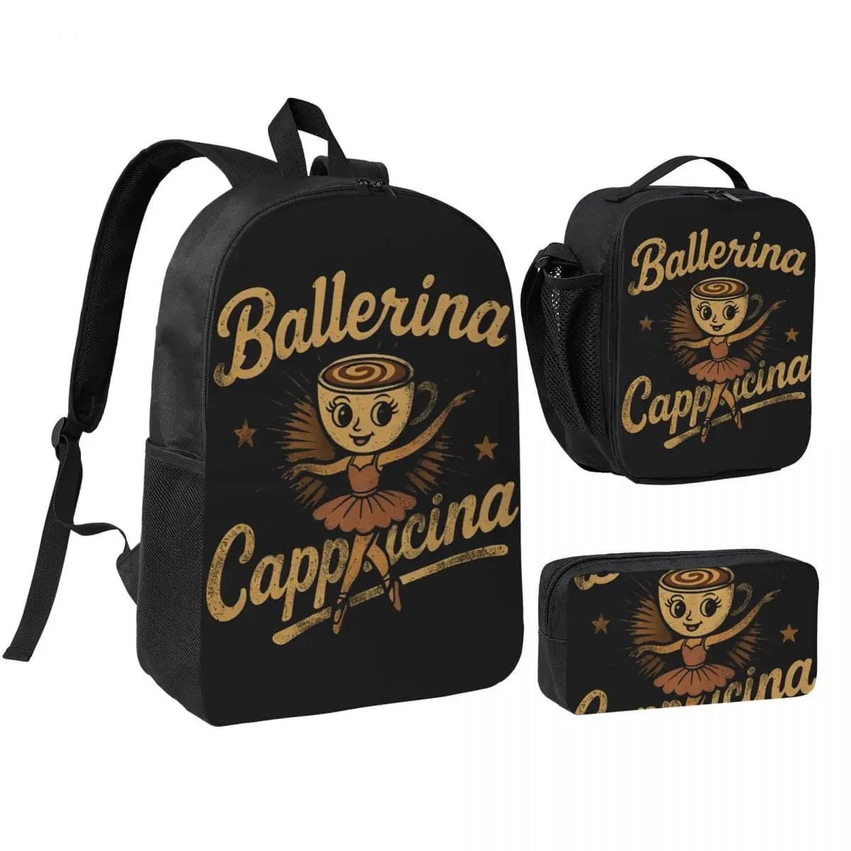 3pecs/set Coffee Dancer Ballerina Cappuccina Backpack for Teenage Brainrot Meme High School Canvas Bags Lunch bag Pencil Case