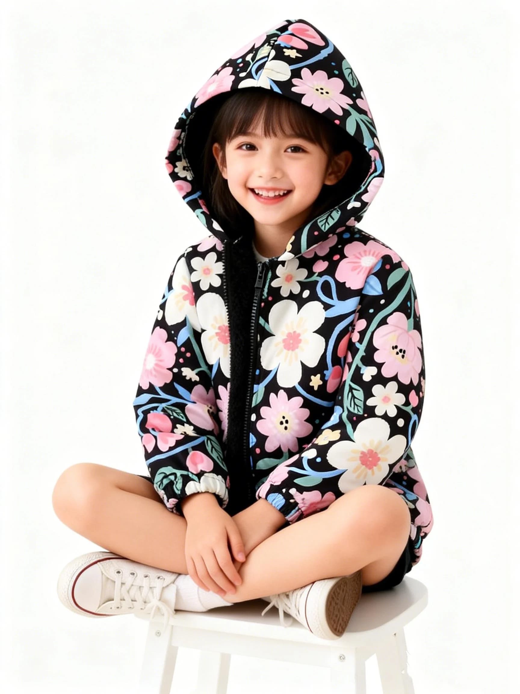 Nuova giacca con cappuccio con stampa floreale colorata da ragazza autunno e inverno con giacca da esterno casual in peluche