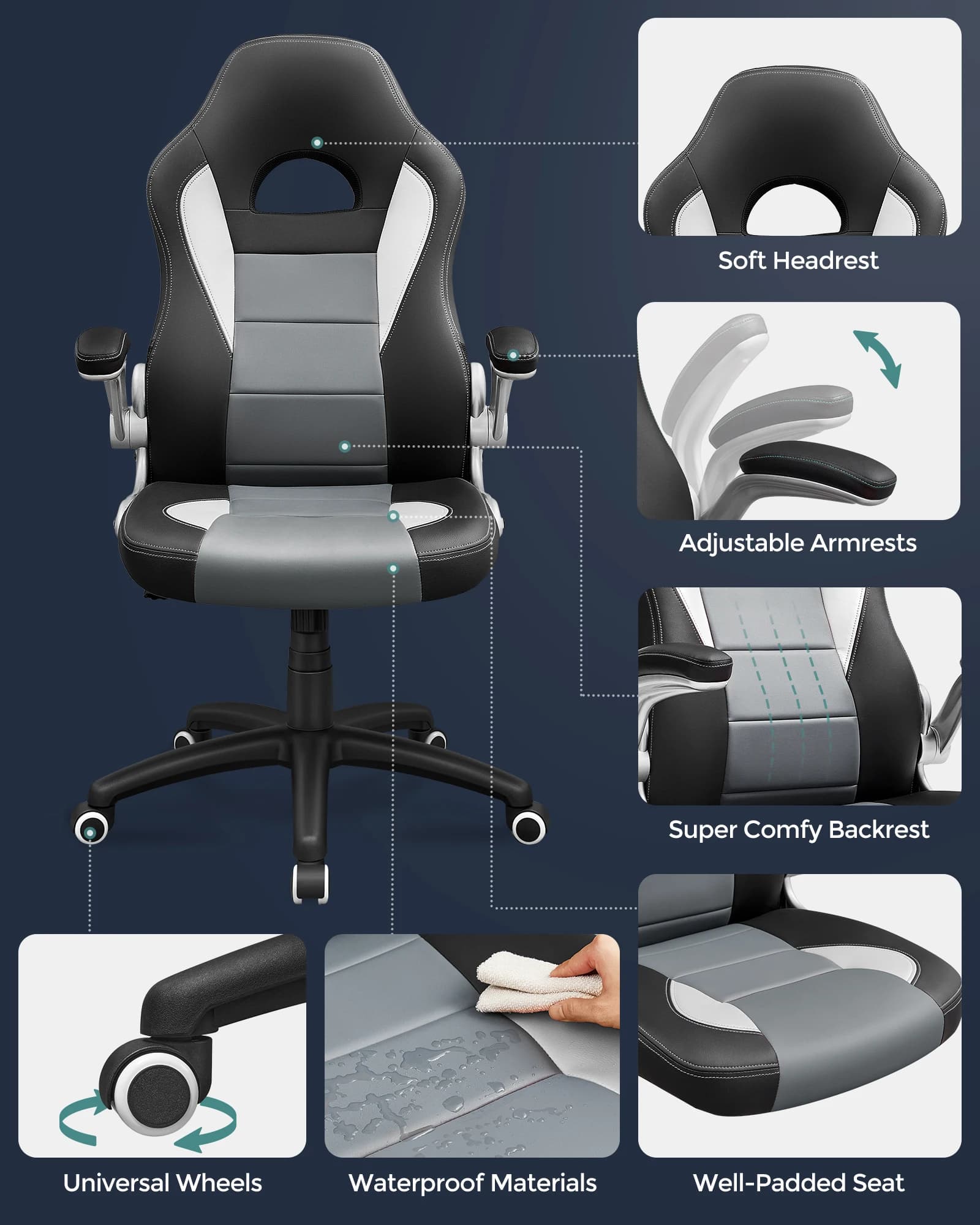Sedia da Ufficio Ergonomica Girevole con Braccioli Pieghevoli e Base a Stella in Nylon per Gaming e Computer