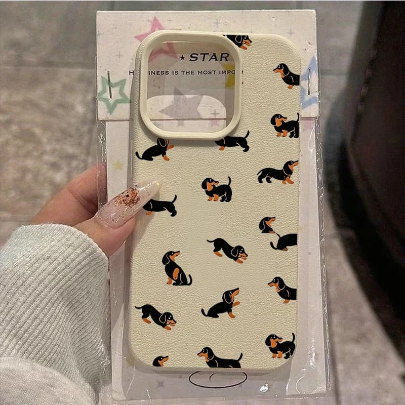 Cute Healing Dachshund Pattern Lychee Textur Phone Case For iPhone 17 Air 16 15 14 13 12 11 Pro Max 15 14 Plus Xs XR Soft Cover