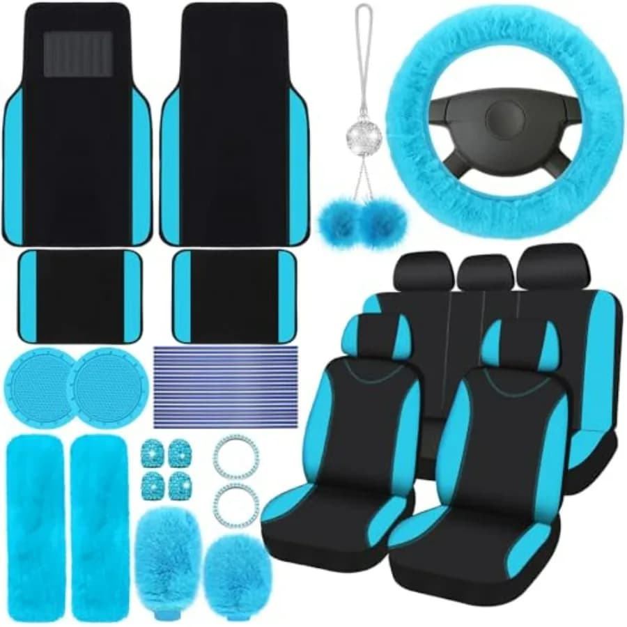 Complete Set of 47 Women's Car Seat Covers, Includes Front and Back Seat Covers, Soft Seat Covers, Belts, Carpets and Air Accessories