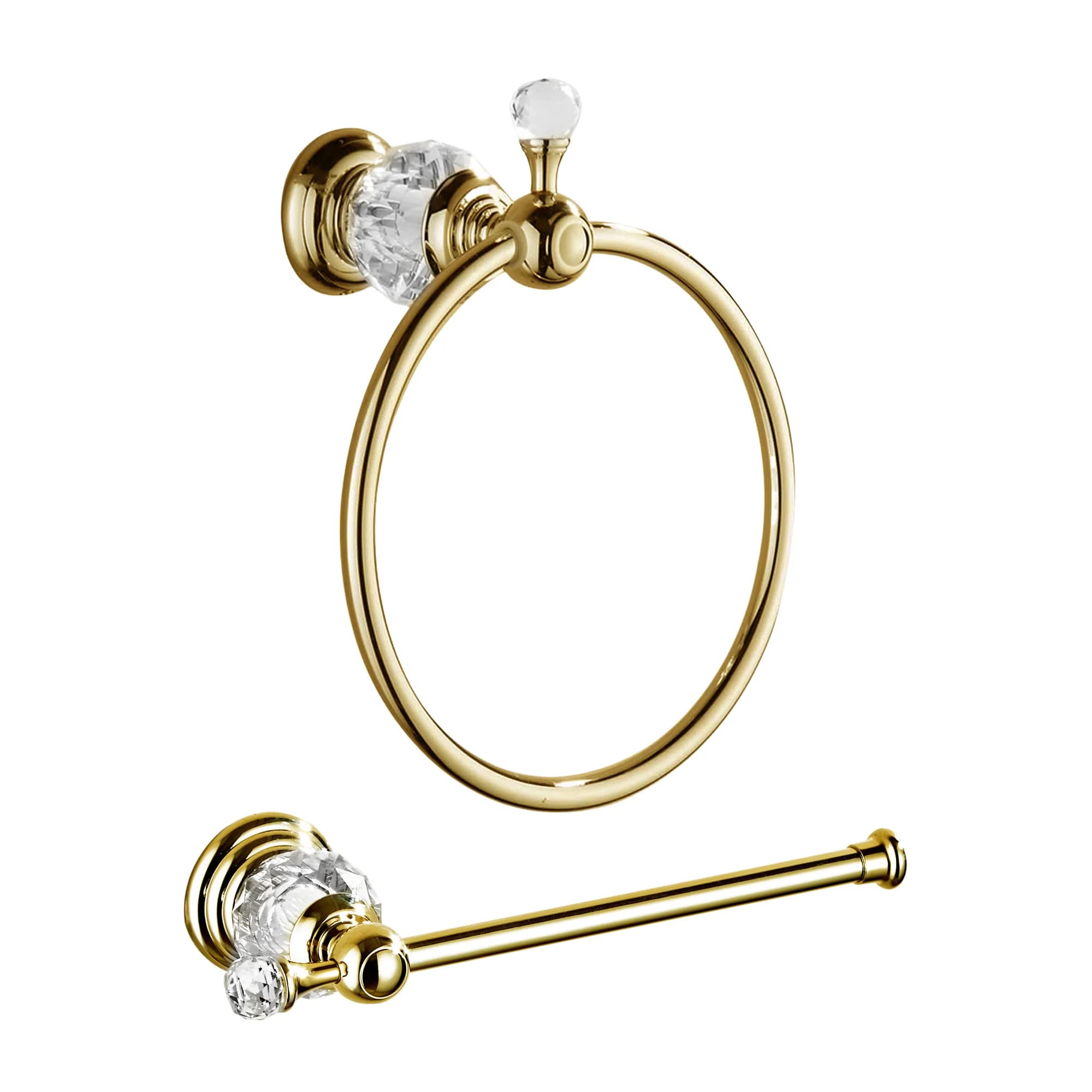 Set di Portasciugamani e Portarotolo in Oro con Cristalli, Accessori da Bagno di Lusso da Parete