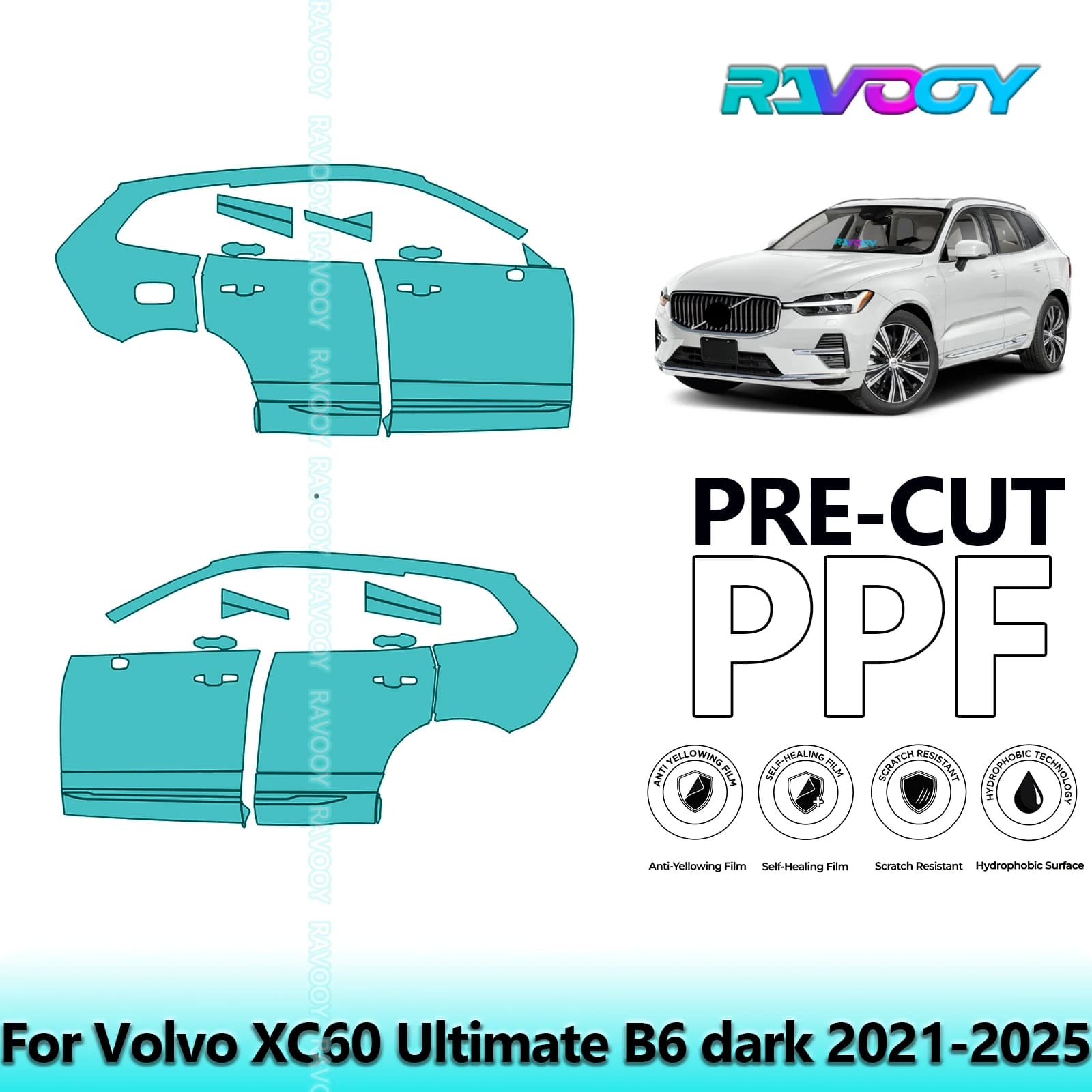 For Volvo XC60 Ultimate B6 dark 2021-2025 8.5mil Transparent Pre-Cut PPF Door and Pillar A/B Kit TPU Paint Protection Film Set