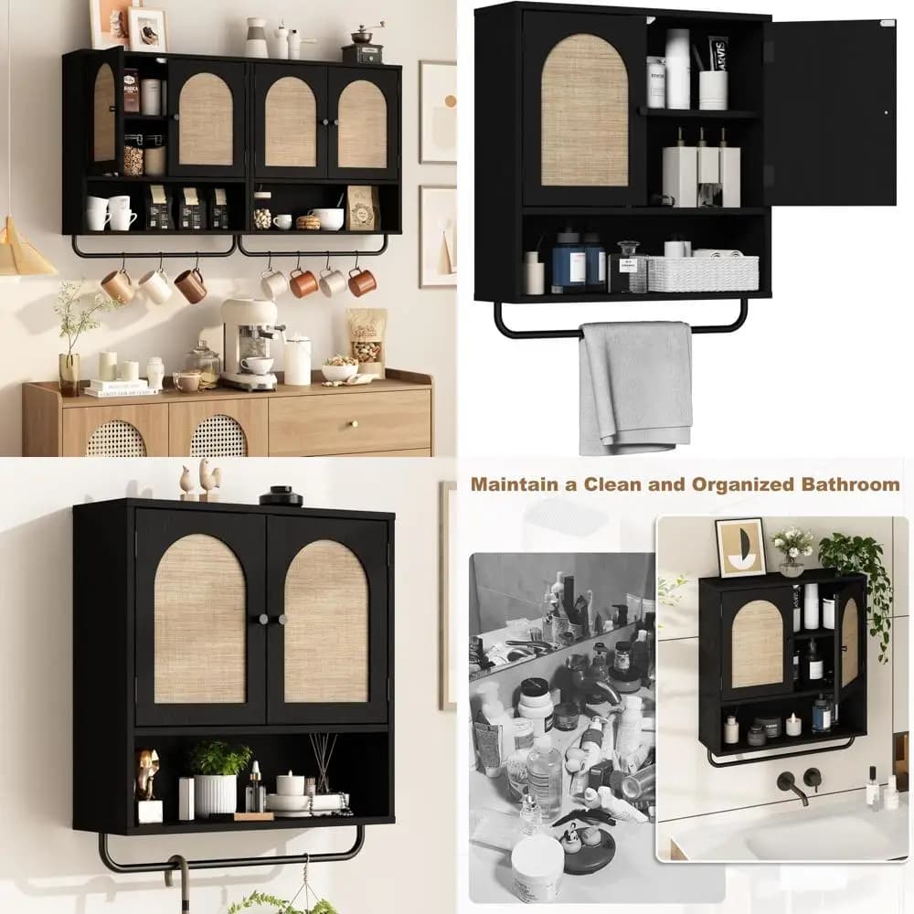 Pensile in stile Boho Farmhouse con 2 ante ad arco, ripiani regolabili e portasciugamani per riporre il bagno