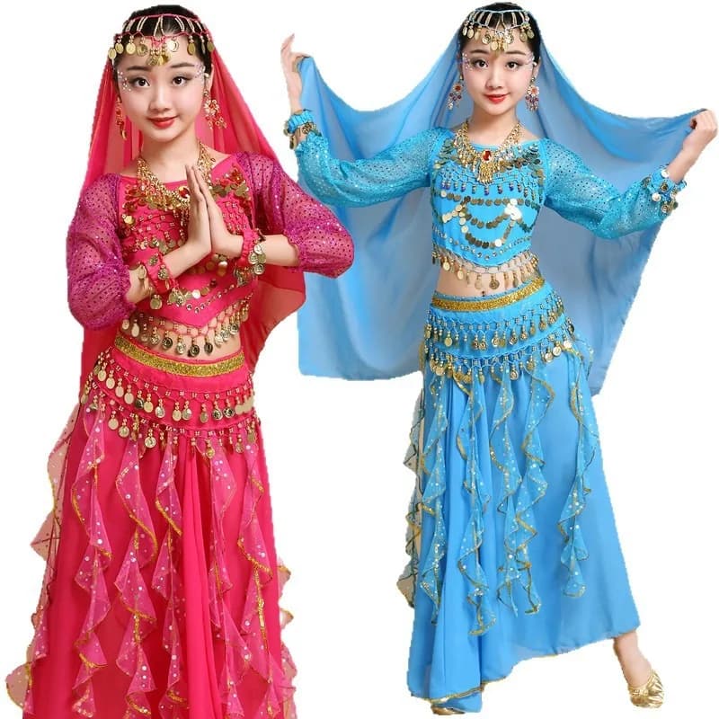 Set Costume da Danza del Ventre Orientale Indiano Top e Gonna per Ragazze e Donne Halloween Spettacolo Indiano Cosplay