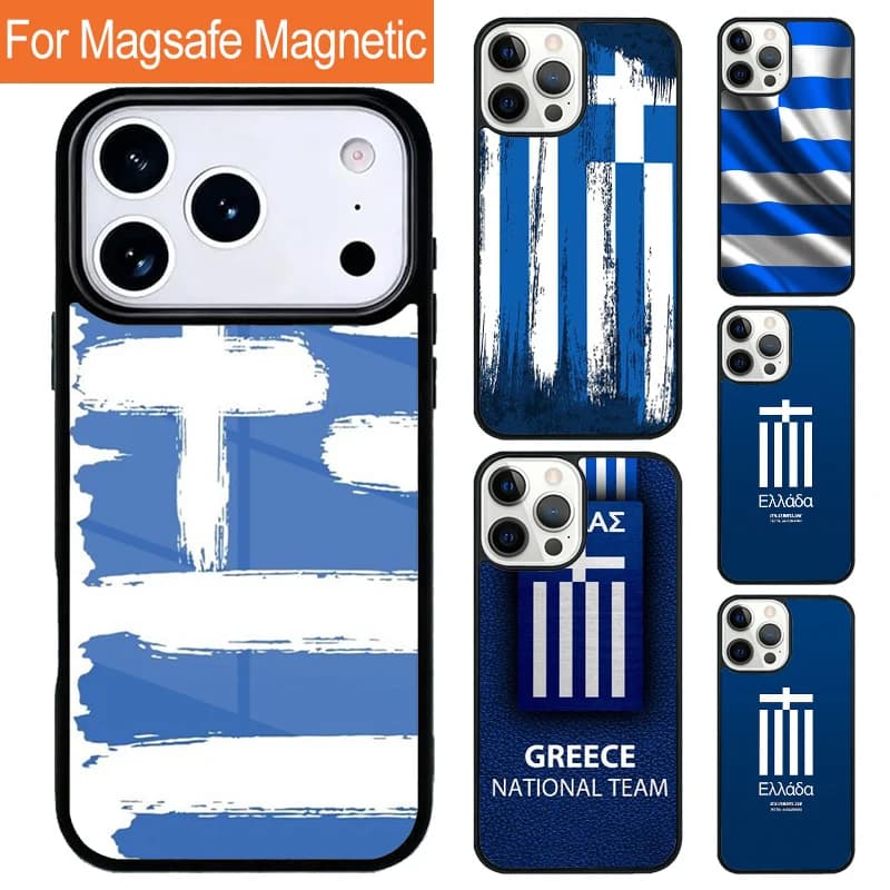 Greece Greek Flag Magnetic Wireless Charging Phone Case For iPhone 17 Pro 16 15 13 12 11 Pro Max Air 14 Plus With Magsafe Cover
