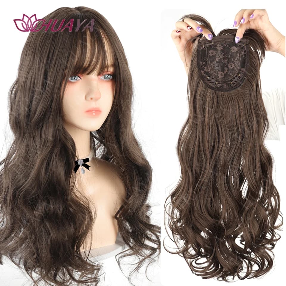Synthetic 3 Clips In Topper Long Wavy Hairpiece Black Brown Women Fake Hair Clip In Hair Extensions With Bangs Fake Hairpiere