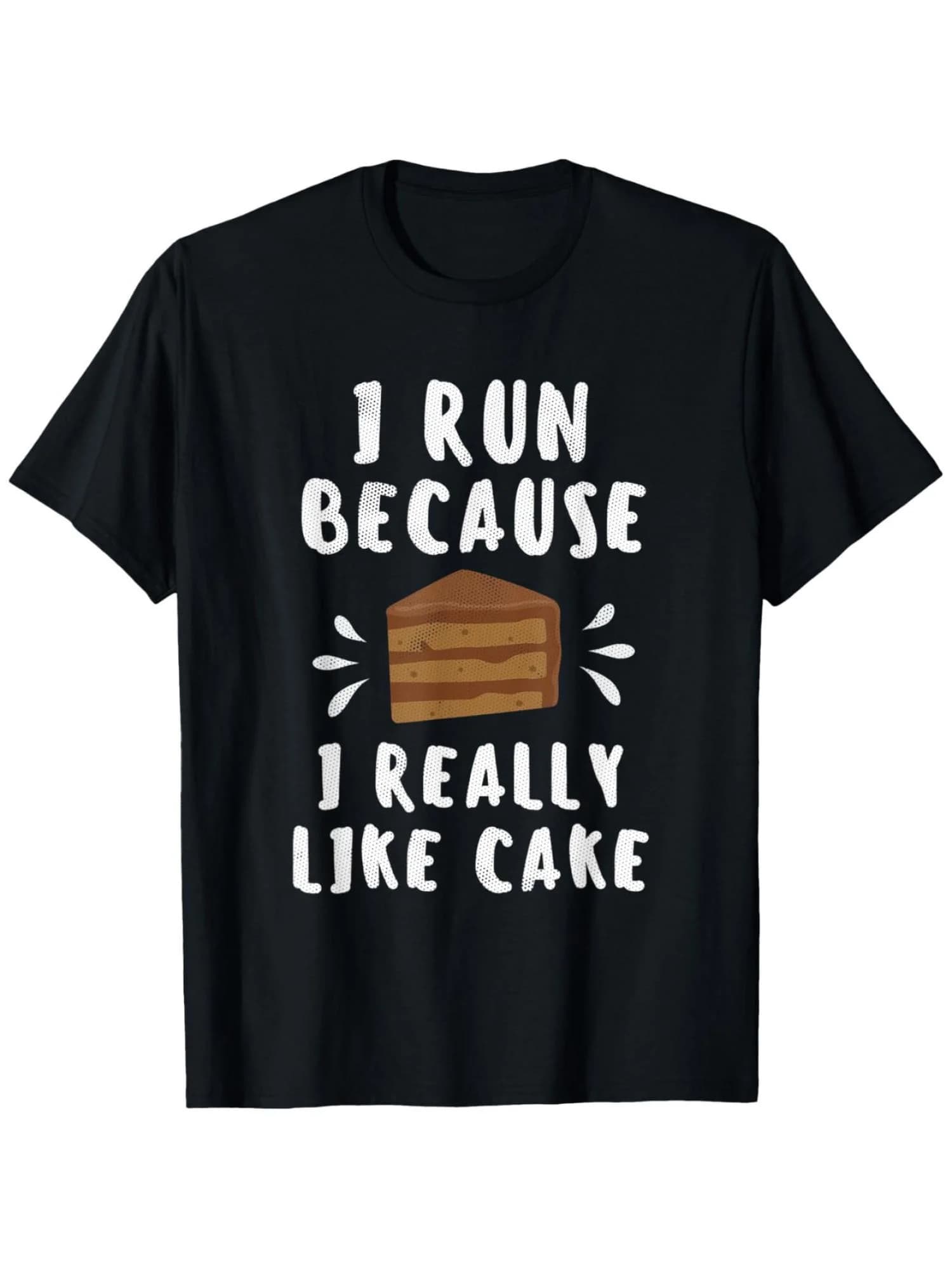 Funny men's graphic t-shirt with print 'I Run Because I Really Like Cake' - Short sleeve black casual t-shirt with fun racing theme pattern