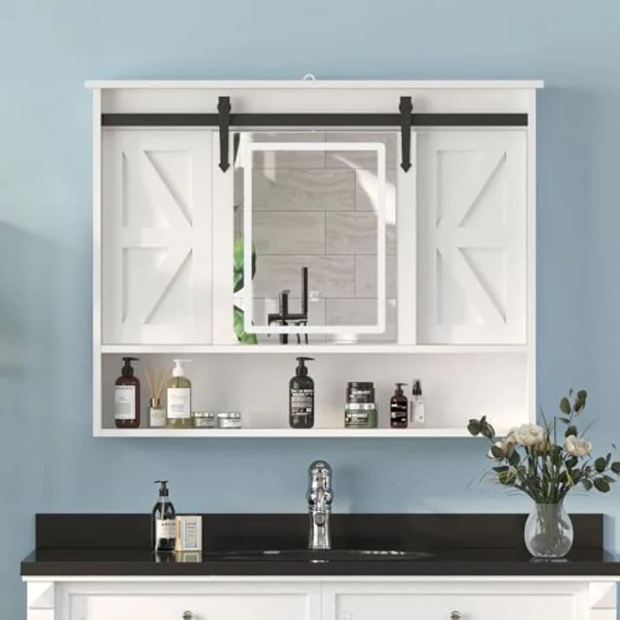 Lighted Medicine Cabinet with Mirror for Bathroom, Rustic Wood Finish, White, Soft LED Lighting and Adjustable Shelves