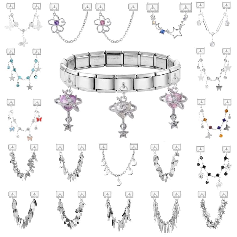 Wholesale Colored Shiny Zircon Pendant Star Flower Italian Charm Links Fit 9mm Stainless Steel Bracelet Women Jewelry DIY Making
