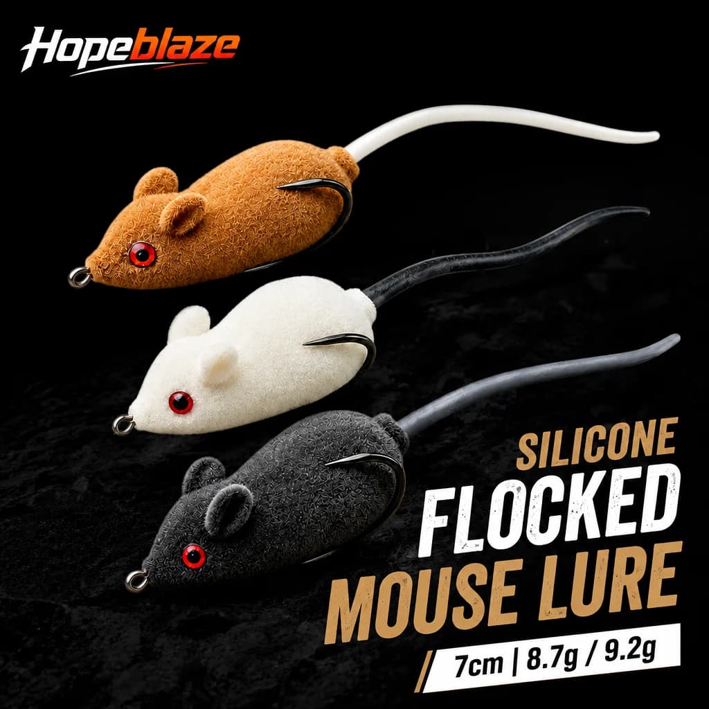 Hopeblaze 7cm Flocked Silicone Mouse Lure 8.7g/9.2g Rattle Option Topwater Fishing Bait For Snakehead Largemouth Bass