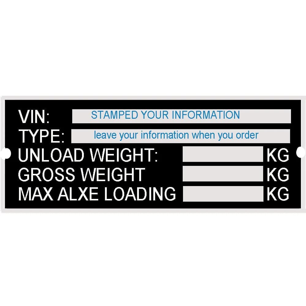 VIN frame plate identification number and trailer "STAMPED" weight 120 mm x 45 mm