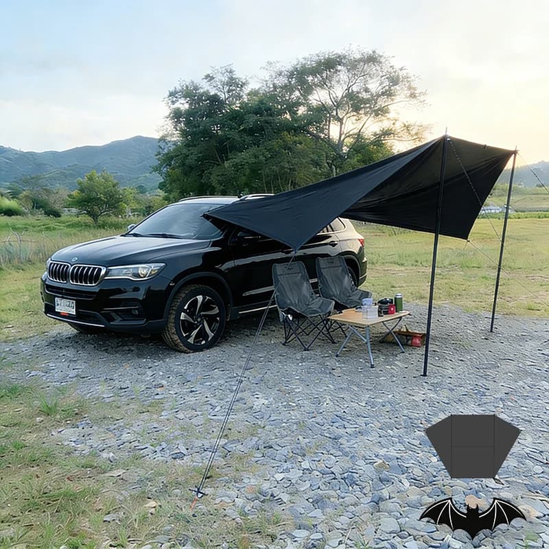 Tenda Laterale per Auto a Forma di Pipistrello, Telo Impermeabile Nero 2x3 per Campeggio, Riparo Posteriore per SUV, Van e Berlina