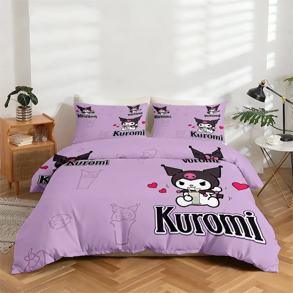 Set of digitally printed high-definition sheets, 3 pieces, set with large Kuromi floral print, includes 1 sheet with corners + 2 pillowcase, suitable for bedroom, guest room, home decorations, sheet with polyester fiber corners + pillowcase, ultra soft bed linen, thick fabric, comfortable for all seasons, washing machine