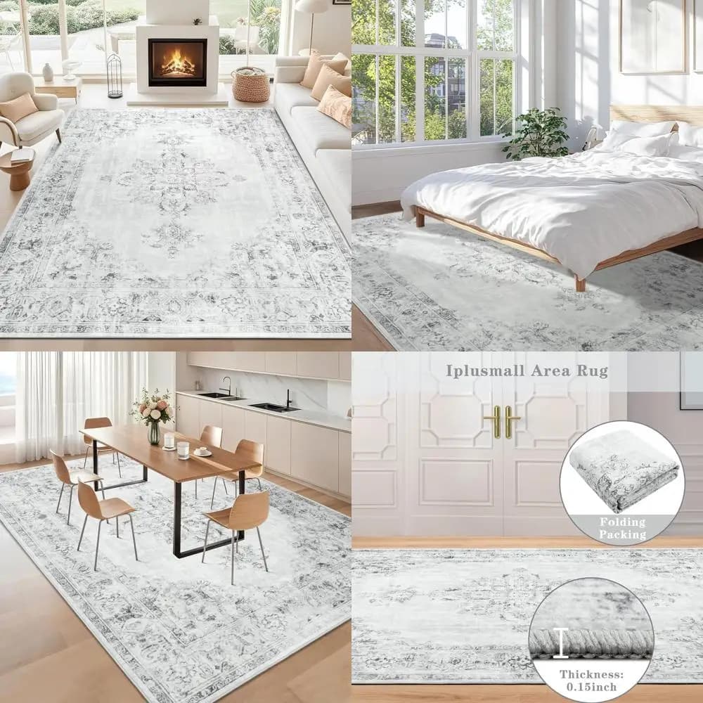 5x7 Washable Carpet for Living, Large Vintage Style, Low Pelo Anti-slip Carpet for Kitchen, Room and Office, Light Grey