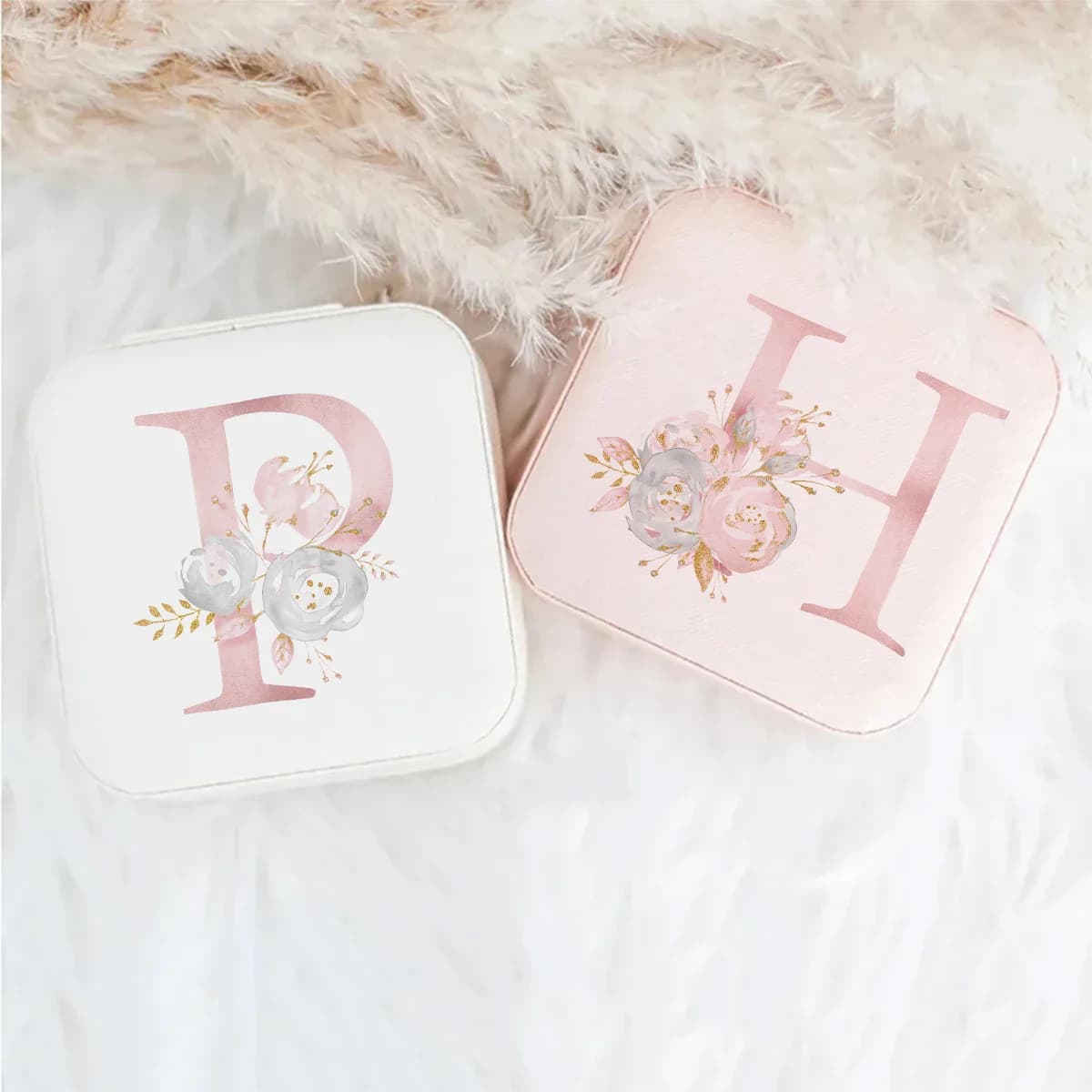 Personalized Floral Initial Jewelry Box, Mini Portable Travel Organizer, Zipper Storage Case for Rings Earrings Necklaces