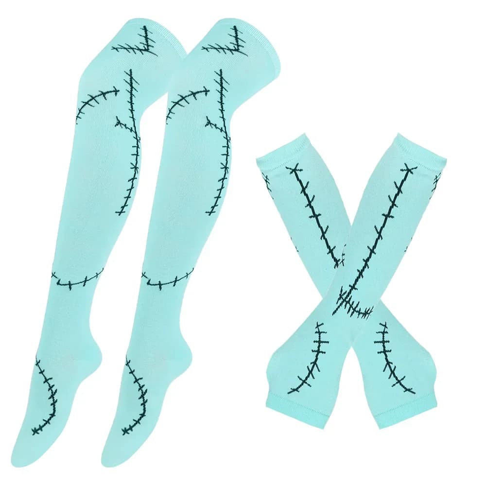 Calze autoreggenti da donna Guanti Sally Guanti con maniche a braccio Set da donna Nero Bianco Calzini lunghi sopra il ginocchio Lolita Halloween
