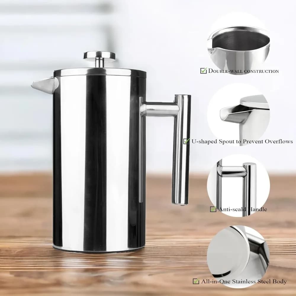 French Press Coffee Maker, 304 stainless steel Double Wall Insulated Heat Retentionfor Smooth Ground-Free Coffee, Mirror,black