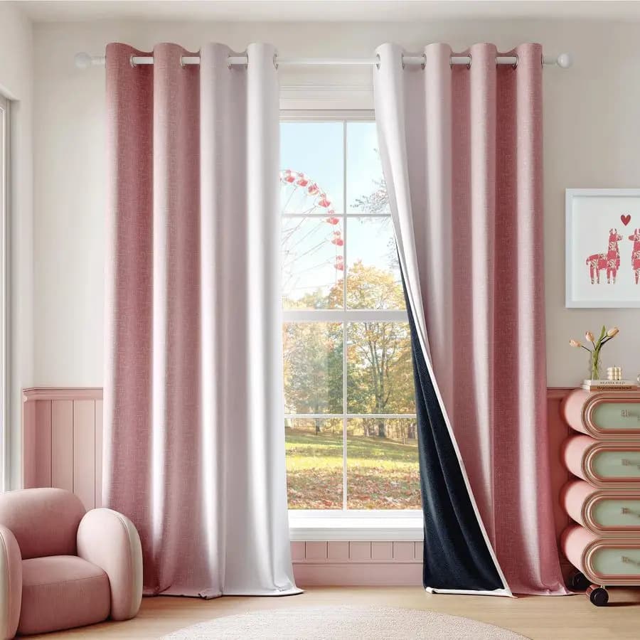 100% Dark Curtains from 84 Inches, 2 Bedroom Panels, with Pink and White Smooth Pattern, Thermal Insulation, with Eyelets