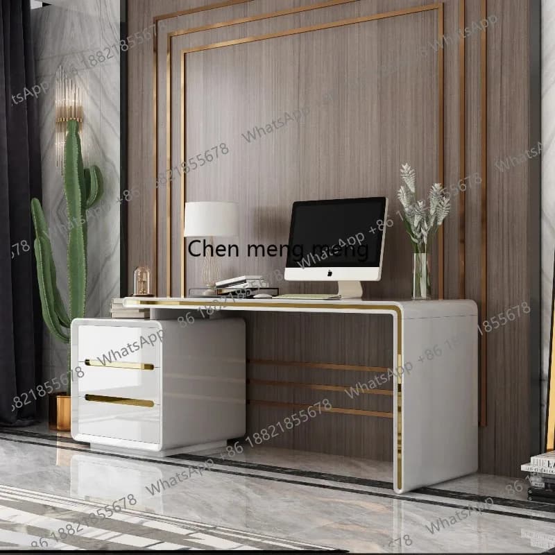 Scrivania Direzionale Moderna Bianca di Lusso con Cassetti Portaoggetti, Scrivania Nera Regolabile in Altezza per Computer, Studio, Laptop, Ufficio