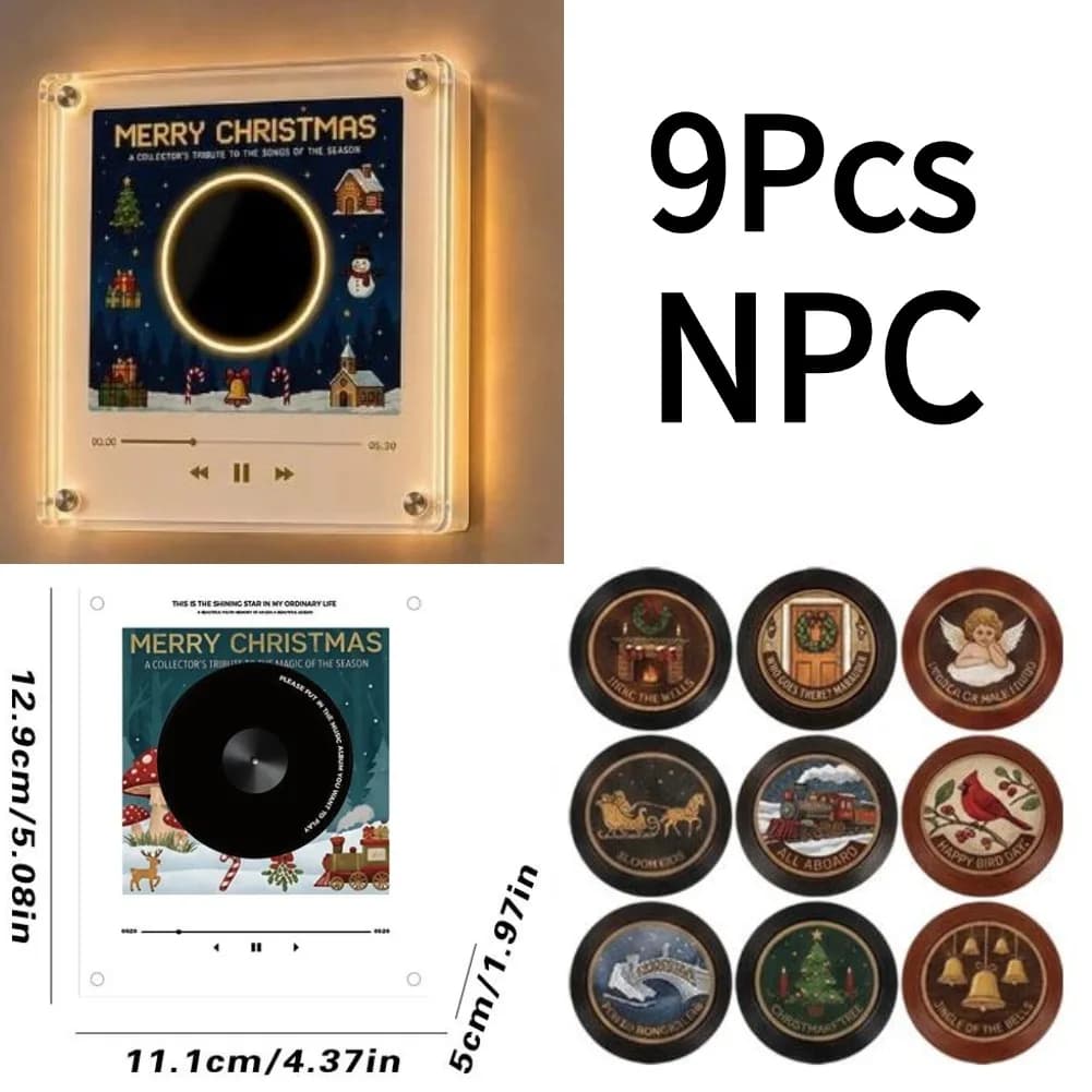 Creative Fridge Magnet Decor Christmas Theme 9Pcs NFC Rotating Vinyl Disc Cards Player,Night Light Retro Player Christmas Gift