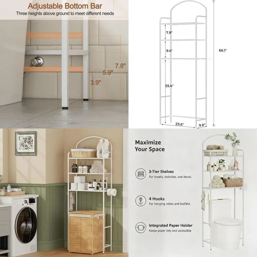 Organizer per WC in metallo bianco a 3 livelli con ganci e portarotolo di carta per il bagno salvaspazio