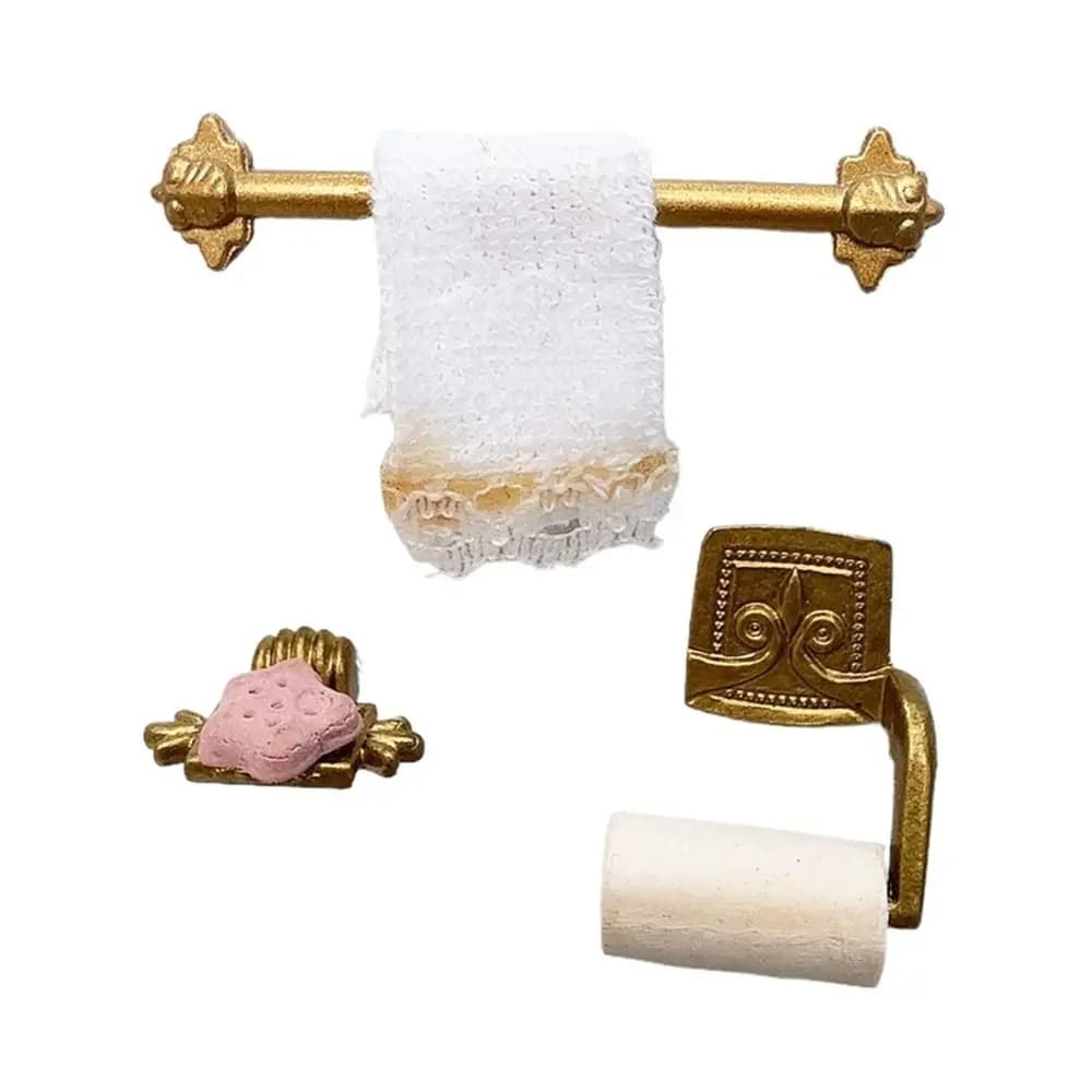 1/12 Scale Dollhouse Furniture Soap Rack Gold Miniature Paper Towel Rack Fireplace Accessories Model Doll House Towel Rack Set