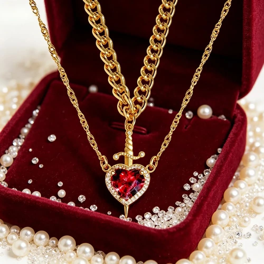 Set di 2 Collane per Coppie con Pendente a Forma di Cuore e Spada, Zircone, Catena Placcata Oro e Argento, Regalo Romantico per San Valentino